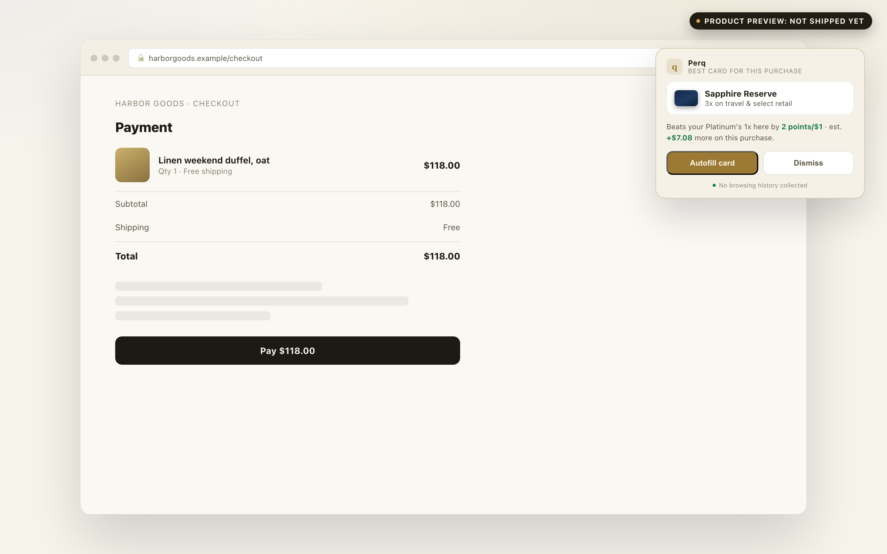 Best card at checkout: a popup recommending Sapphire Reserve over Platinum, worth $7.08 more on this purchase, labeled Product preview: not shipped yet